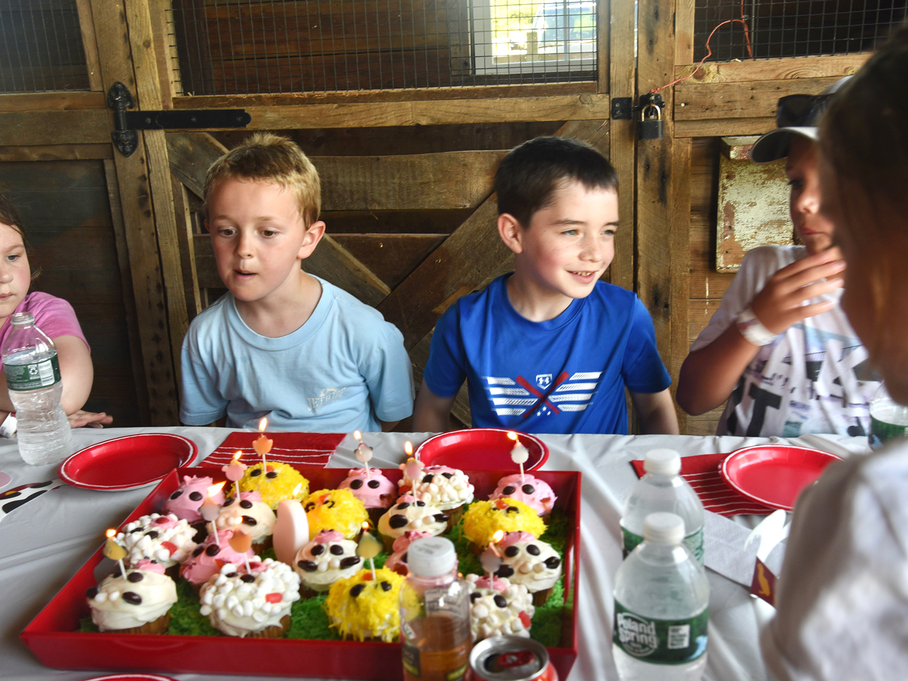 Kids sitting in front of farm animal themed birthday cupcakes with candles